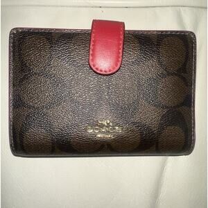 Coach Brown and Red Bifold Wallet with Signature Monogram